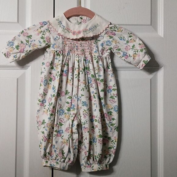 Friedknit Creations vintage smocked floral romper Sz 6m EUC - Picture 1 of 12